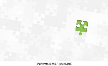 One Green Puzzle Piece on a Grey Puzzles Rectangle - Vector Illustration. 
Scattered Jigsaw Puzzle Blank Template. Vector Background.