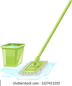 One green rectangular floor mop with long handle cleans tile on the floor from dirt with green plastic bucket isolated illustration, modern flat mopping system for wet cleaning, slippery floor