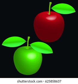 one green and one redd apple with black background