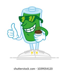 One green smile fun cute happy full of energy charged battery in sunglasses confidently stand show finger up keep hot coffee Modern vector style cartoon character illustration flat design Mascot icon