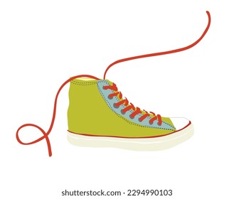 One green sneaker with a red shoelace, editable vector illustration. A running shoe isolated on white