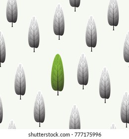 One Green tree in grey forest seamless pattern background and difference concept.