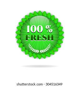 One green, white, isolated, round, modern, simple button, label, sticker, sign, badge with text 100 percent Fresh, two white twigs with leaves, white background