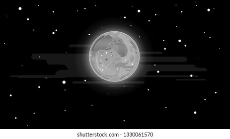 One grey full moon in night sky with stars, simplify night background in flat stylization