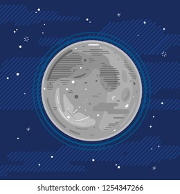 One grey full moon in space with stars, styling simplify space exploration and colonize illustration background in flat style with lines