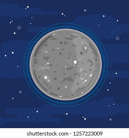 One grey full planet Mercury in space with stars, styling simplify space exploration and colonize illustration background in flat style with lines