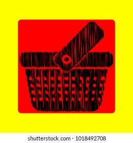 One grip shopping basket with four rows of holes. Vector. Black scribble icon in red container with rounded corners at yellow background. Isolated.