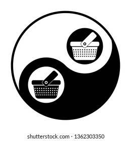 One grip shopping basket with four rows of holes. Vector. Black and white icon inside circles of yin and yang symbol at white background.