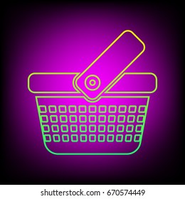 One grip shopping basket with four rows of holes. Vector. Yellow-green gradient linear icon on magenta light as background