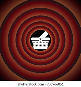 One grip shopping basket with four rows of holes. Vector. White icon on black circle in gradient rings.