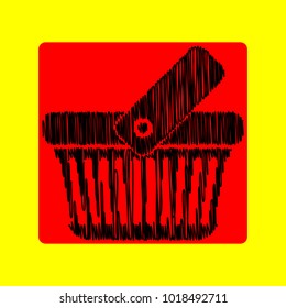 One grip shopping basket with linear holes. Vector. Black scribble icon in red container with rounded corners at yellow background. Isolated.