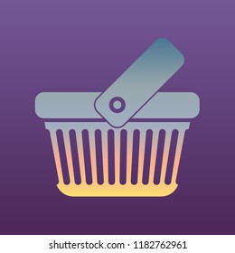 One grip shopping basket with linear holes. Vector. Evening gradient icon at violet background.