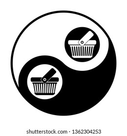 One grip shopping basket with linear holes. Vector. Black and white icon inside circles of yin and yang symbol at white background.