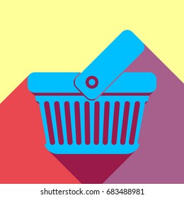 One grip shopping basket with linear holes. Vector. Deep sky blue icon with two flat violet and raspberry semitransparent shadows on canary background.