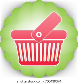 One grip shopping basket with linear holes. Vector. Pinkish icon with white contour on green background which similar to flower.