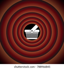 One grip shopping basket with linear holes. Vector. White icon on black circle in gradient rings.