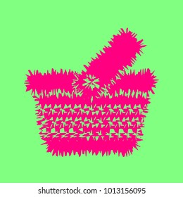 One grip shopping basket with three rows of holes. Vector. Magenta rough icon on greenish background. Isolated.
