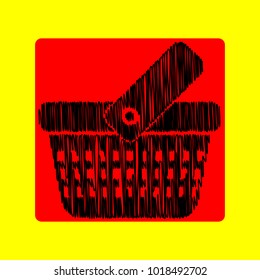 One grip shopping basket with three rows of holes. Vector. Black scribble icon in red container with rounded corners at yellow background. Isolated.