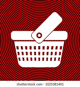 One grip shopping basket with three rows of holes. Vector. White icon on red and black radial pattern as background. Isolated.