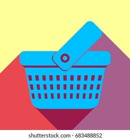 One grip shopping basket with three rows of holes. Vector. Deep sky blue icon with two flat violet and raspberry semitransparent shadows on canary background.