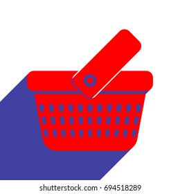 One grip shopping basket with three rows of holes. Vector. Red flat style icon with dark blue long shadow on white background.
