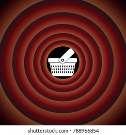 One grip shopping basket with three rows of holes. Vector. White icon on black circle in gradient rings.