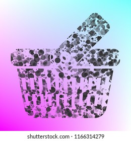 One grip shopping basket with two rows of holes. Vector. Gray icon with bubbled texture at color background with pink and sky blue corners.