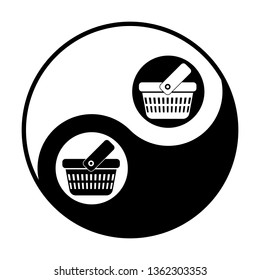 One grip shopping basket with two rows of holes. Vector. Black and white icon inside circles of yin and yang symbol at white background.