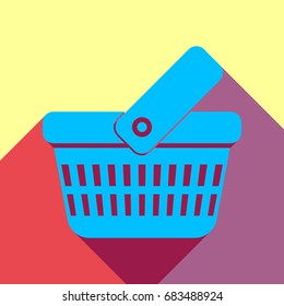 One grip shopping basket with two rows of holes. Vector. Deep sky blue icon with two flat violet and raspberry semitransparent shadows on canary background.