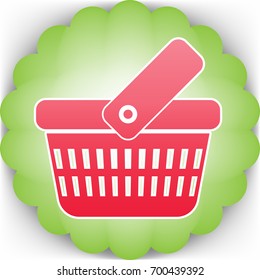 One grip shopping basket with two rows of holes. Vector. Pinkish icon with white contour on green background which similar to flower.