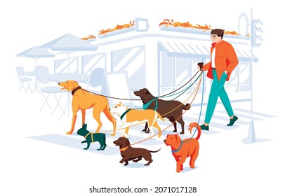 One guy walking with different dogs on the street in city. City cafe and frontshop. Colored flat cartoon vector illustration of modern cityscape