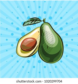 One and a half avocados on a blue background, lines, dots.Vector illustration. Hand drawn by pop art style. Eco food.