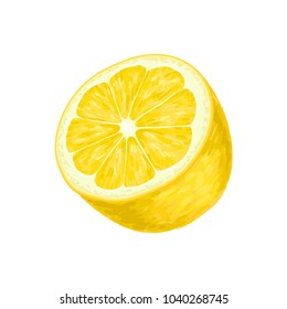 One half of bright yellow lemon. Juicy citrus fruit. Natural and healthy food. Sweet product. Package design element for candy, tea or juice box. Detailed vector icon