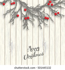 One half of Christmas wreath created from gray branches with red berries lying on whitewooden background, vector illustration, with text Merry Christmas, eps 10 with transparency