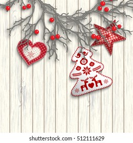 One half of Christmas wreath created from gray branches with red berries lying on white wooden background, with three decorations in scandinavian style, vector illustration, eps 10 with transparency