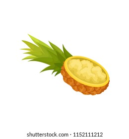 One half of cut lengthwise pineapple with flesh inside. Tropical fruit with tuft of green stiff leaves. Healthy food. Flat vector icon