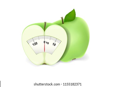 one and half green apple with a scale of weights isolated on the white background, horizontal vector illustration