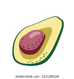 One half of a green avocado with a brown stone. Vector illustration in hand-drawn style for prints and postcards