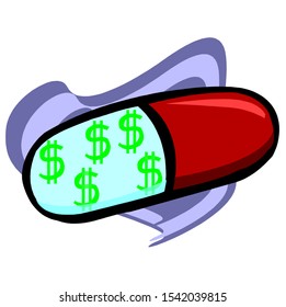 One half of the pill capsule contains dollar signs