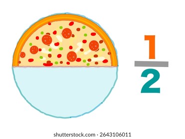 One half of the whole, Fraction pizzas, slices halves 1, 2. Half remaining. Pie chart ratio infographic. Mathematic worksheet. Vector illustration
