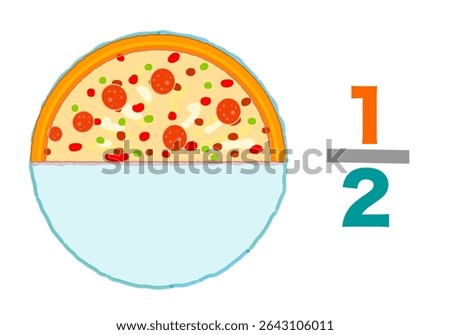 One half of the whole, Fraction pizzas, slices halves 1, 2. Half remaining. Pie chart ratio infographic. Mathematic worksheet. Vector illustration