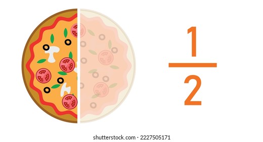 Una fracción de pizza a la mitad. Fracción para los niños. Rasgos de pizza. Fracción divertida con pizza. ilustración vectorial aislada en fondo blanco.