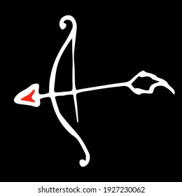 Eine Hand beugt sich mit einem roten Herzpfeil und einer Feder am Ende .handgezeichnet, doodle, weiße Umrissgrafik, Vektorgrafik zum Drucken, Grußkarten, Plakate, Aufkleber, Textilien und saisonales Design. 