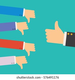 one hand of businessman leader boss or customer thumb up to their project,but many hands of team disagree the opinion or feedback - team work concept llustration