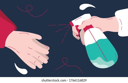 one hand disinfects the other hand with antibacterial spray. blue background. color illustration vector flat design.