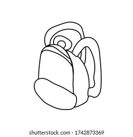 One hand drawn black line vector backpack. A thing and an accessory for studying.A simple illustration of the doodle style office. Design for posters, social networks, web, maps.
