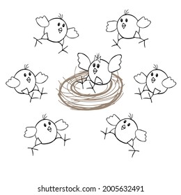 One hand drawn chicken sit in the brown nest and a group of chickens run on a white background