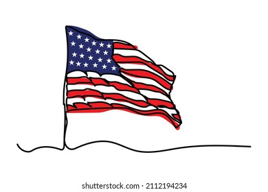 one hand drawn continuous line united states flag flying