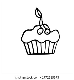 One hand drawn cupcake with a cherry. Doodle vector illustration in cute scandinavian style. Element for greeting cards, posters, labels and seasonal designs. Isolated on white background