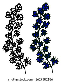 One hand drawn floral element, cornflower on a white background isolated colored cornflower. Doodle, simple outline illustration.